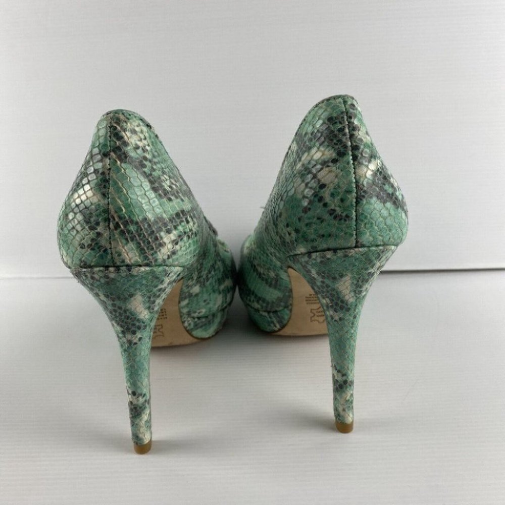 Women's Mimco Size 37 Green Reptile Print Peep Toe Stiletto High Heel Shoes - Picture 3 of 10